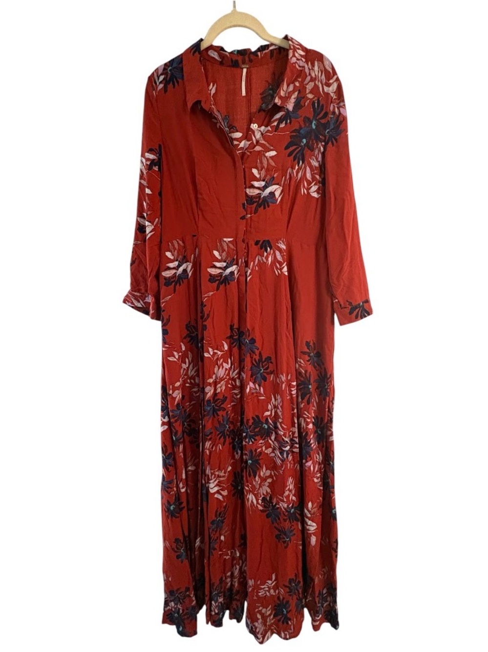 Free People Red After The Storm Floral Print Boho Maxi Shirt Dress Size 12 - Picture 6 of 9